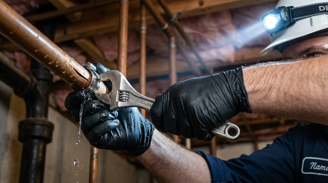 Emergency pipe clamp repair being performed by a Johns Plumbing LLC plumber in New Madrid