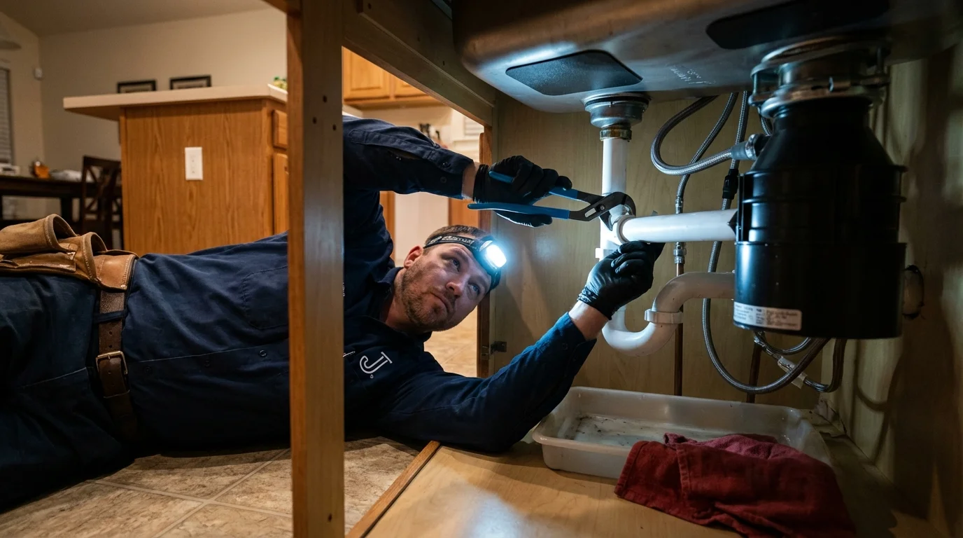 P-trap and supply line connections under a kitchen sink showing a common leak point in New Madrid, MO